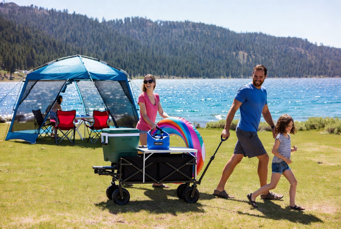 Family shoreline setup with shade and chairs at Trinity Lake.