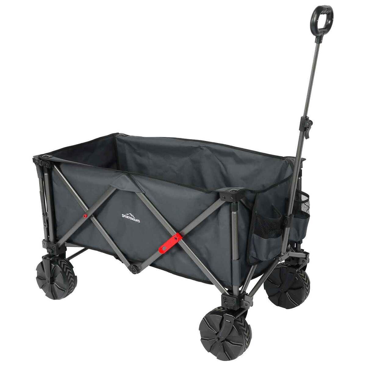 Folding wagon staged for packing and hauling lake-day gear.